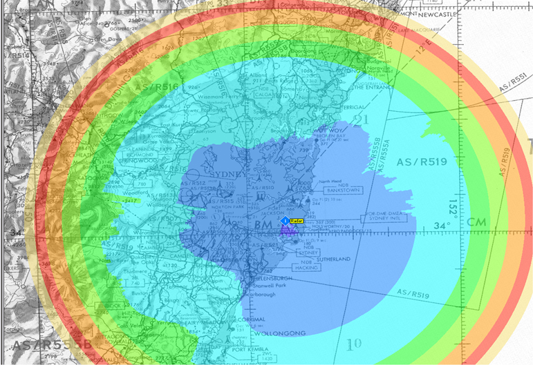 Radar min. detection height showing radar coverage at different heights